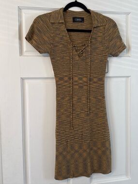 Cider Ribbed Lace-Up Knit Mini Dress in Mustard and Brown